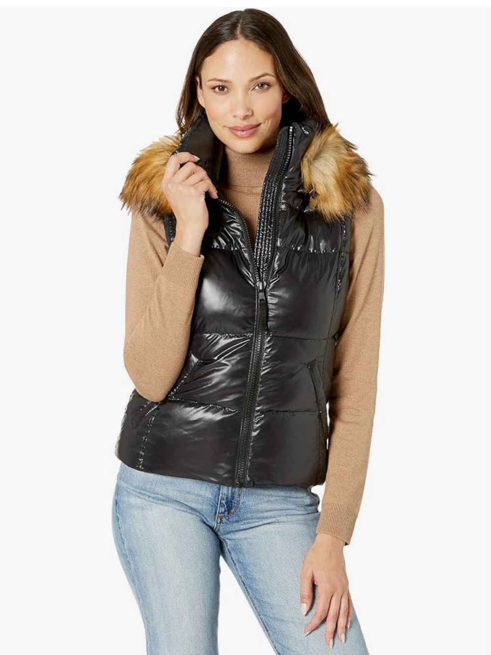 Shiny Black Quilted Puffer Vest with Faux Fur Trim